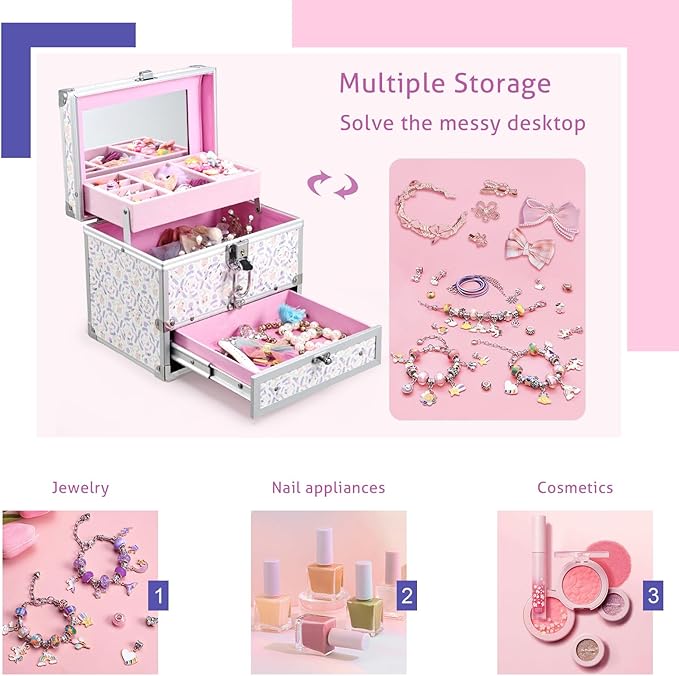 Hododou Girls Jewelry Box Organizer with Drawer & Mirror, Shiny Pink Style Lockable Storage Case for Kid or Little Girls Jewe