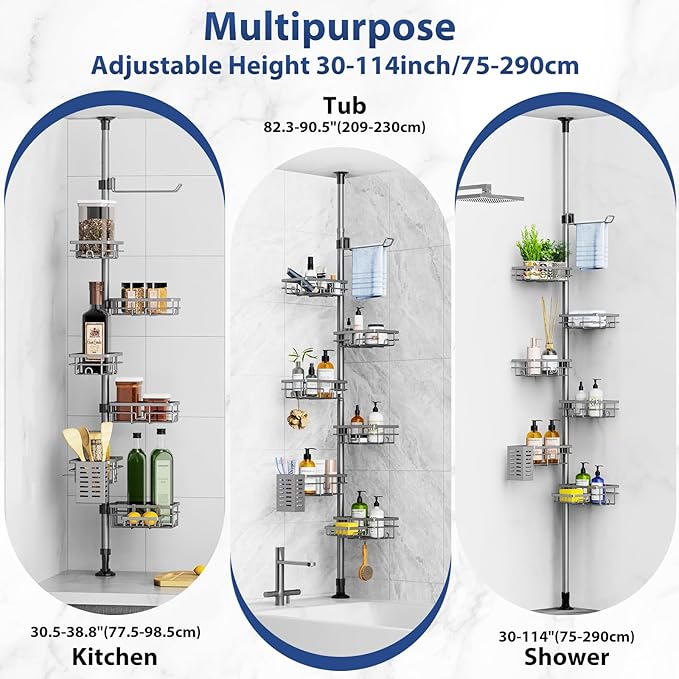 Corner Shower Caddy Organizer Tension Pole, Adjustable 6 Shower Shelves Corner Shelf 30-120Inch Rustproof Shower Rack for Ins