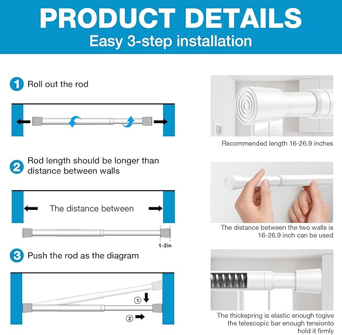 6pack White Tension Curtain Rod 16-26.9 inch Spring Tension Rod Curtain Rod Adjustable Spring Rod Extendable Tension Rod for