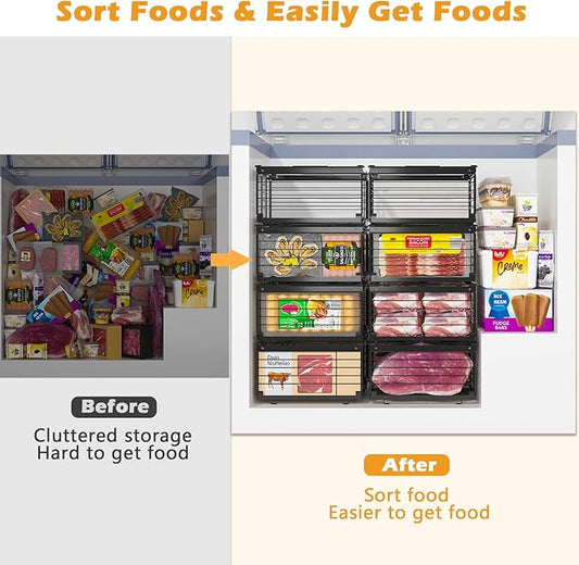 NADAMOO Freezer Organizer Bins, 2 Packs Large Expandable Stackable Chest Freezer Containers with Handle, Metal Adjustable Sto