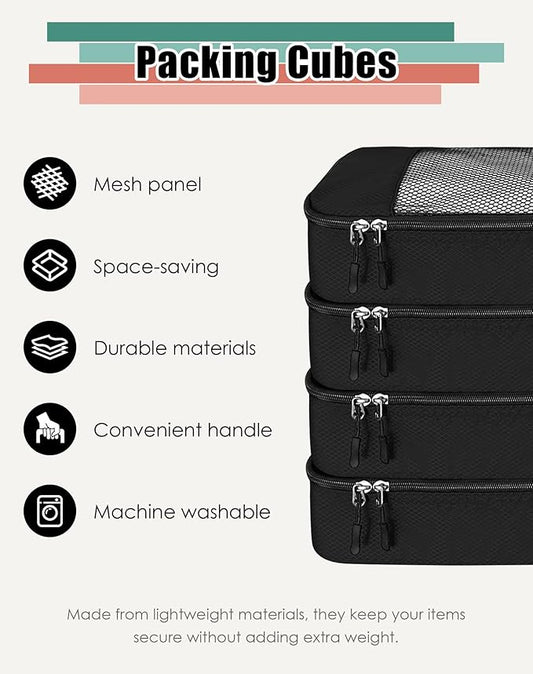 WTREE 4-Piece Packing Cubes Travel Accessories Set for Suitcases - Luggage Organizer Bags with Double Zipper - Mesh Top - Large - Black