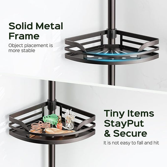 HAMITOR Shower Caddy Tension Pole: Rustproof Bathroom Corner Shelf for Renters, 47-121 inches Adjustable Organizer with Soap