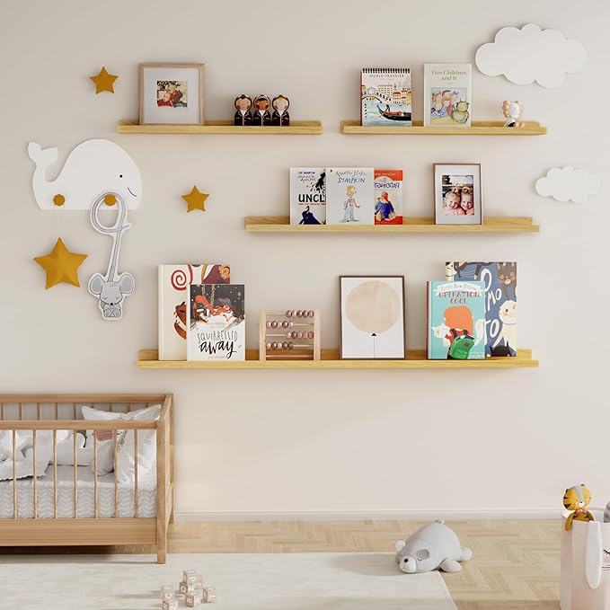 Fun Memories Picture Ledge Shelf for Wall, Floating Shelves Set of 4, 48 Inch Long Nursery Book Shelves for Toys Storage, Kid