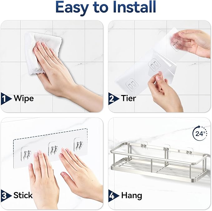 YASONIC Shower Caddy Adhesive, No Drill Bathroom Shower Organizers, with Removable Hooks, Rust Proof Shower Shelves, Wall-Mou