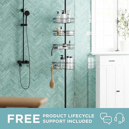 Zenna Home Tension Pole Shower Caddy Corner Organizer, Adjustable Standing Shower Caddy with 4 L-shaped Baskets and Hooks, Ru