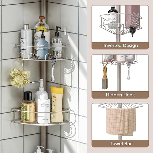 Corner Shower Caddy Tension Pole, 4 Tier Adjustable Bathroom Organizer Shelves, Shower Storage With Hidden Hook & Towel Holde
