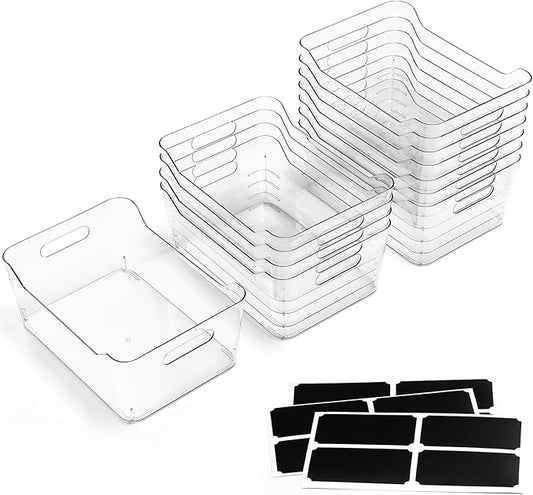 12 PACK Multi-Use Clear Plastic Storage Bins for Organizing w/ Labels - Home, Kitchen, Pantry, Bathroom, Office, Cabinet Shel