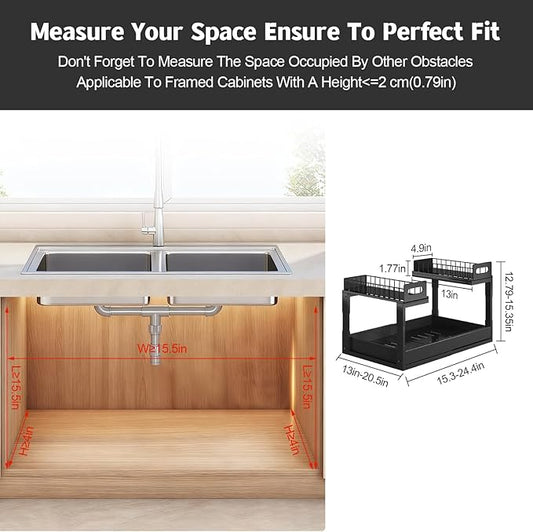Buwico Expandable under cabinet organizer, 2-Tier under sink organizer with Reinforced Ball-Bearing slide rail, Slide-Out sin