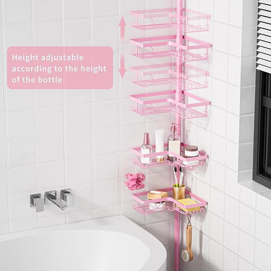 KEGII Shower Caddy Tension Pole, 4-Tier Rustproof Adjustable Corner Bathroom Organizer for Renters, 25–114.2 Inch No Drill Sp