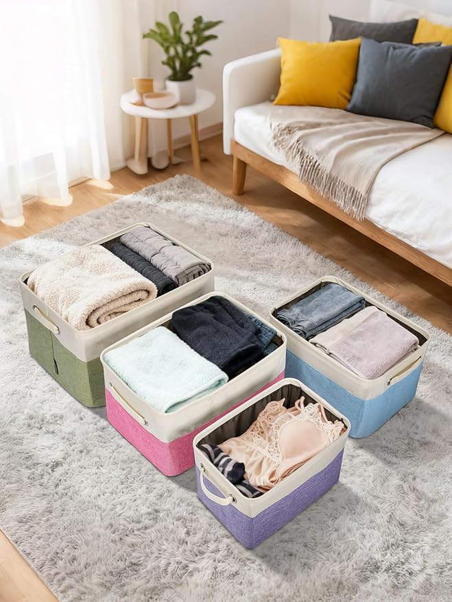BALEINE 4 Pack Fabric Closet Storage Bins for Shelves, Linen Closet Organizers and Storage, Decorative Baskets for Organizing