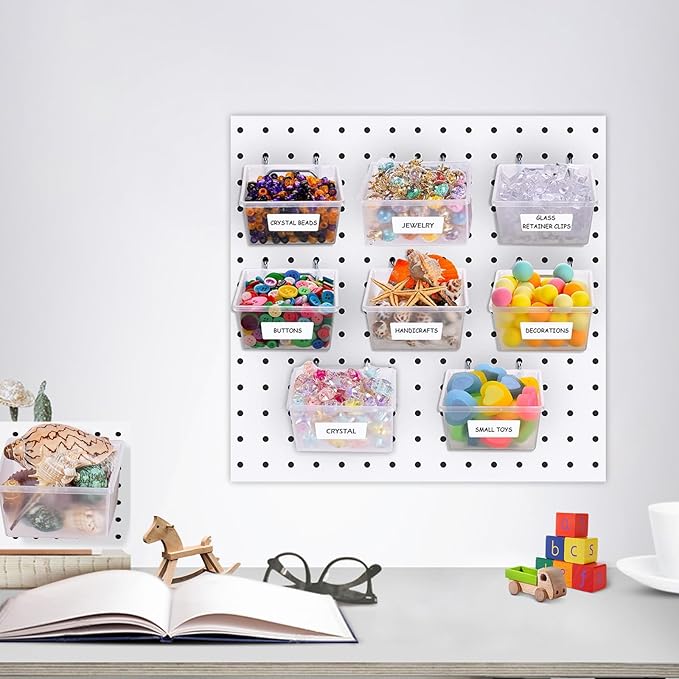 20 PCS Pegboard Cups Pegboard Bins Set, Pegboard Wall Organizer with Hooks and Loops, Pegboard Wall Containers Clear Peg Hook