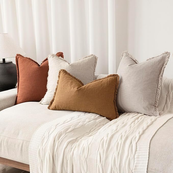 Foindtower Set of 2 Decorative Linen Fringe Throw Pillow Covers Farmhouse Cushion Cover with Tassels Soft Accent Pillowcase f