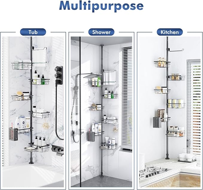 Shower Caddy Organizer Tension Pole, Rustproof 6-Pack Corner Shelf with 30-120 Inch Adjustable Shower Rack for Inside Shower,
