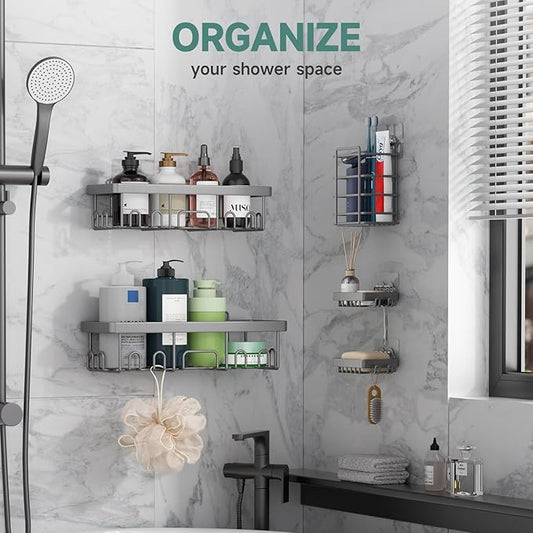 Veken Adhesive Shower Caddy 5-Pack,Heavy Weight Bearing,Large Wall Mounted Shower Shelves Rack,Organizer Storage Accessories