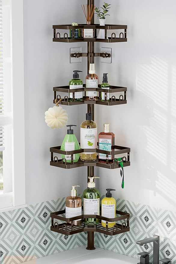 HEVEL Corner Shower Caddy Tension Pole, 4 Tier Adjustable Shower Organizer Corner 62-115 Inch, Rustproof Bathroom Shower Shel
