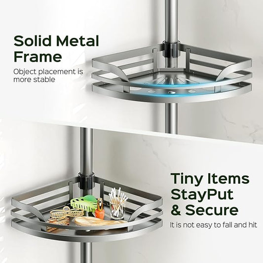 HAMITOR Shower Caddy Tension Pole:4-Tier Rustproof Bathroom Corner Shelf for Renters - 47-121inches Adjustable Bathtub Organi