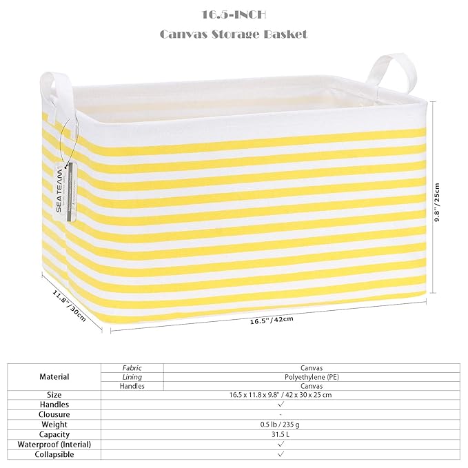 Sea Team Collapsible Canvas Fabric Storage Basket with Handles, Rectangle Waterproof Storage Bin, Box, Cube, Foldable Shelf B