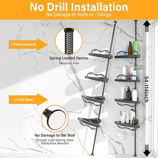 Black Corner Shower Caddy Tension Pole - Heavy Duty Rustproof Stainless Steel Shower Organizer with 4 Adjustable Shelves, No-