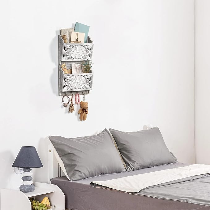 2-Slot Mail Organizer Wall Mount with 4 Hooks, Rustic Key and Mail Holder for Home Decorative, Wooden Key Hangers Wall File O