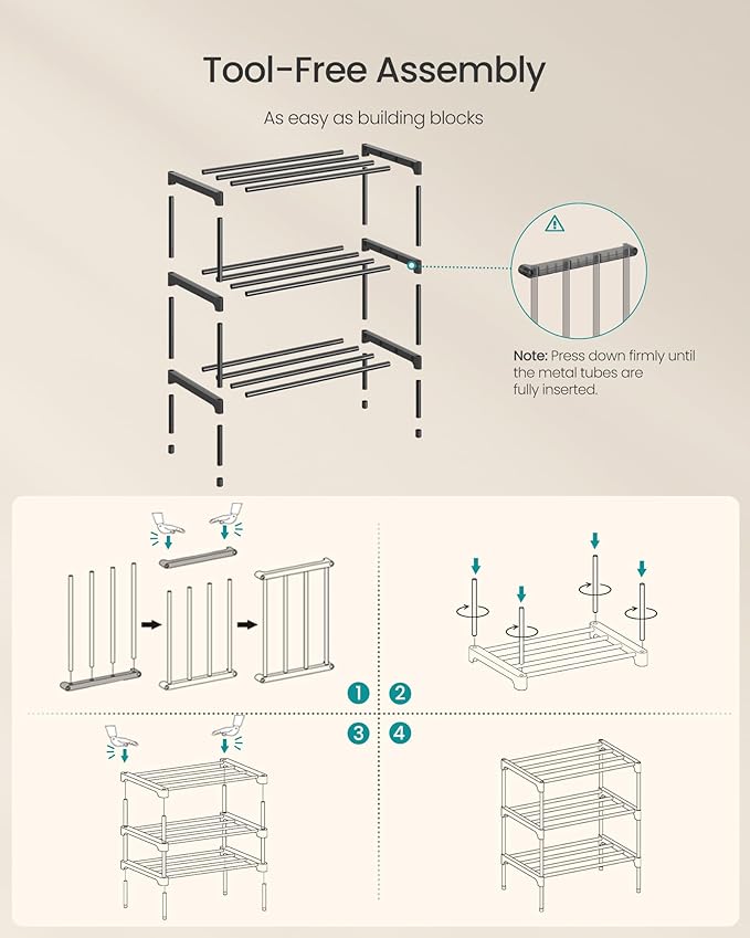SONGMICS 3-Tier Shoe Rack for Closet, Compact Metal Shoe Organizer Shelf for Entryway, Bedroom, Small Spaces, Stackable, 11.8