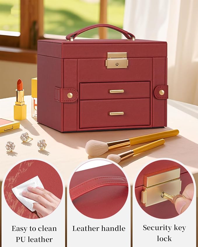 TORIBIO Jewelry Box for Women, Leather Jewelry Organizer with Mirror & Lock, 3-Tier Jewelry Storage Organizer with 2 Drawers