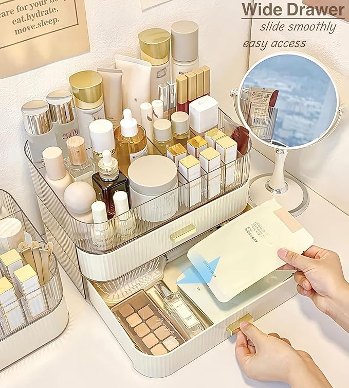 Makeup Organizer with Drawer, Stackable Cosmetic Organizer for Vanity and Bathroom Countertop, Clear Storage for Perfume, Ski