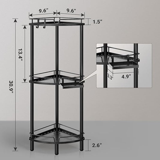 ELYKEN Corner Shower Caddy Standing, 3 Tier Rustproof Metal Shower Organizer with Soap Holder, Floor Shower Corner Shelf Rack