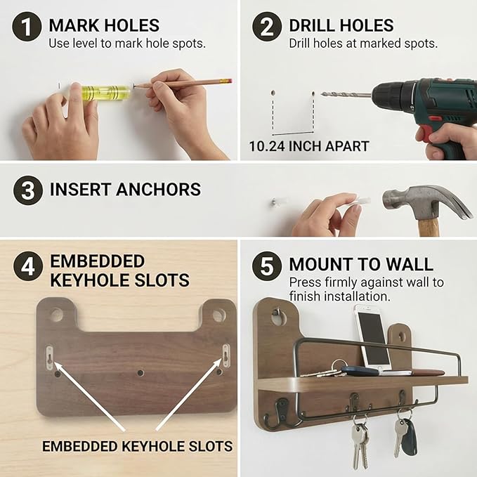 REFGY Key Holder for Wall with Shelf - 5.1" Deep Large Mail Organizer Wall Mount with 3 Heavy-Duty Dual Hooks & Safety Guardr