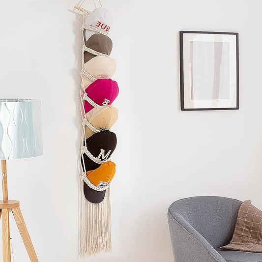 jontell Cap Holder-1 Pack Hat Organizer for Baseball Caps, Macrame Hat Rack for Wall, Cap Rack for Baseball Cap Display Boho
