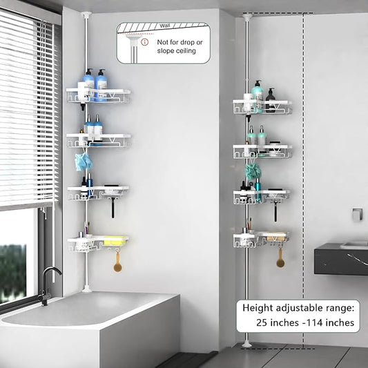 Shower Caddy Tension Pole Corner - Stainless Steel Bathroom Organizer White Tension Rod Shower Shelves for Tub(22-114.2inch),