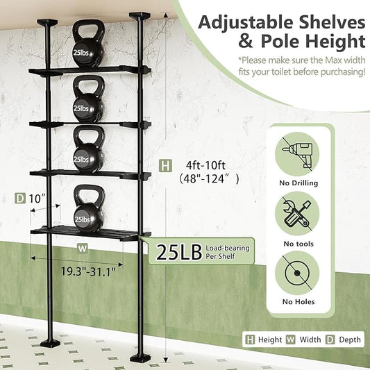 Bonpally Over The Toilet Storage Shelf, 4-Tier Adjustable Bathroom Organizer, No Drill Tension Mounted Shelves, Space-Saving