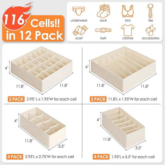12 Pack Baby Clothes Organizer for Nursery, 116 Cells Fabric Foldable Dresser Closet Organizers and Storage Bins for Clothing