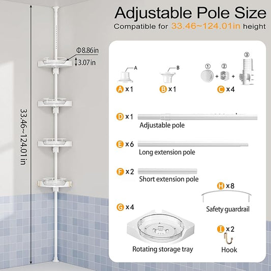 360° Rotating Corner Shower Caddy Tension Pole Organizer - 4-Tier Adjustable Rustproof Metal Pole, Plastic Shelves with Safet