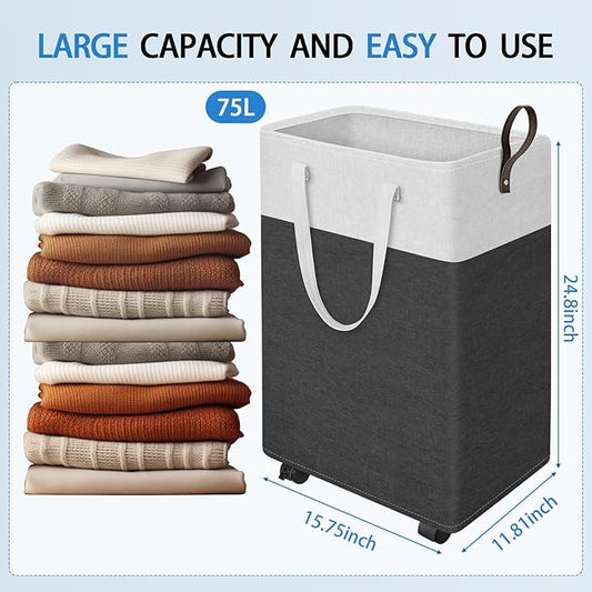 HomeHacks 75L Waterproof Rolling Laundry Hamper - Collapsible Clothes Basket with 4 Wheels for Bathroom, Laundry Room & Dorm,