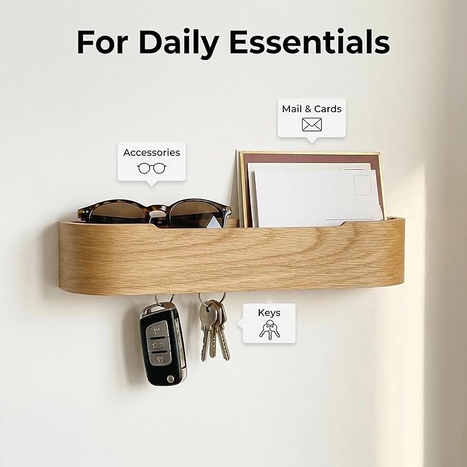 Wall Mount Key Holder with 5 Hidden Hooks Modern Key Hanger Rack Wood Entryway Hook Mail Organizer Tray Shelf Home Decor for
