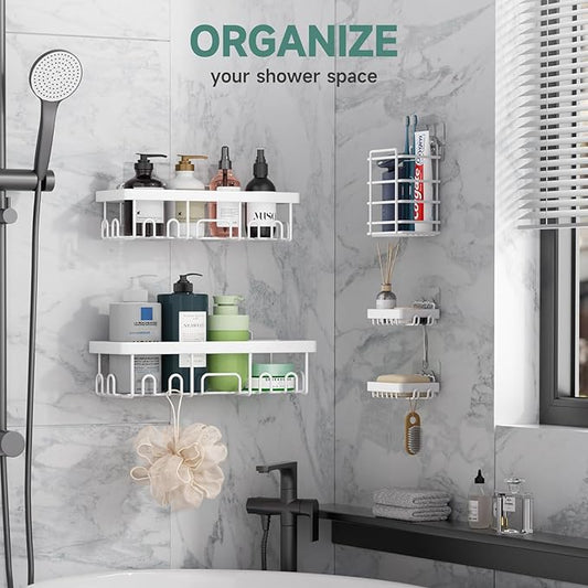 Veken Adhesive Shower Caddy 5-Pack,Heavy Weight Bearing,Large Wall Mounted Shower Shelves Rack,Organizer Storage Accessories