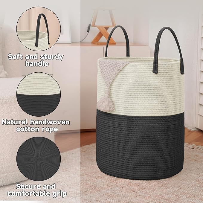 JMvicyroam Large Woven Laundry Basket Hamper,60L Cotton Rope Storage Bin for Blankets,Toys and Clothes,Decorative Tall Nurser
