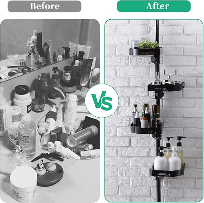 4-Tier Corner Shower Caddy Tension Pole Organizer - Adjustable Rustproof Metal Tension Pole, Plastic Shelves with Safety Guar