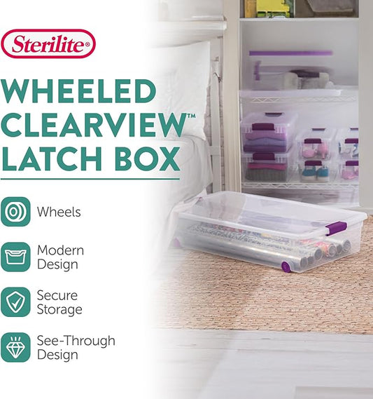 Sterilite 16-Pack 60 Quart ClearView Latch Box, Wheeled Underbed Organizer Bins with Latching Lids - Clear Plastic Organizati