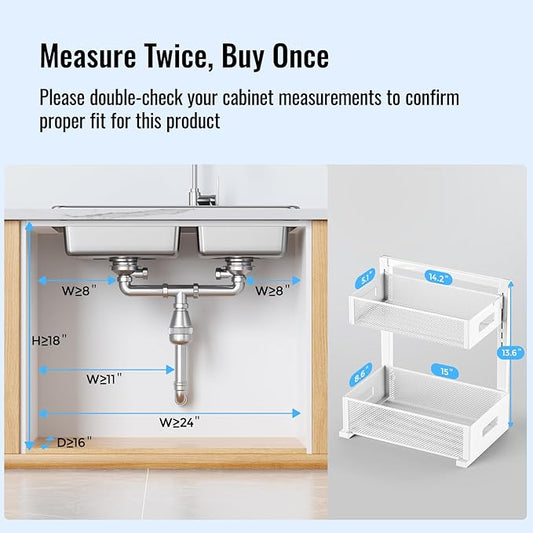 Full Metal Under Sink Organizer, Pull Out Cabinet Organizers and Storage, Silk-Smooth Sliding Drawer for Kitchen, Bathroom, P