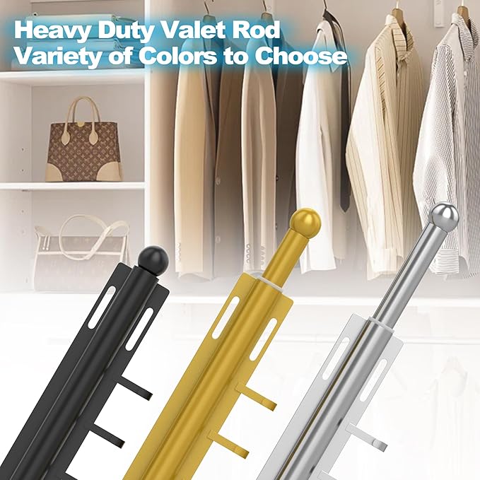 Valet Rod for Closet Retractable with 4 Hooks, 13.4"-23.2" Pull Out Clothes Hanger Rail, Heavy Duty Alloy Steel Side Mount Wa