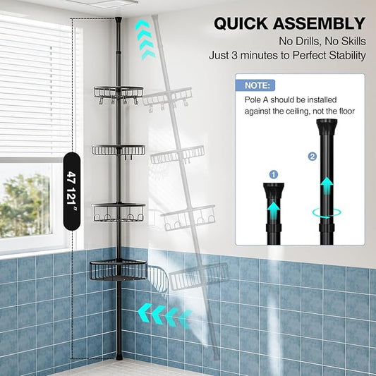 Corner Shower Caddy Tension Pole: Stainless Steel Rustproof 4-Tier Shower Organizer - 47-121 inch Adjustable Bathroom Shelves