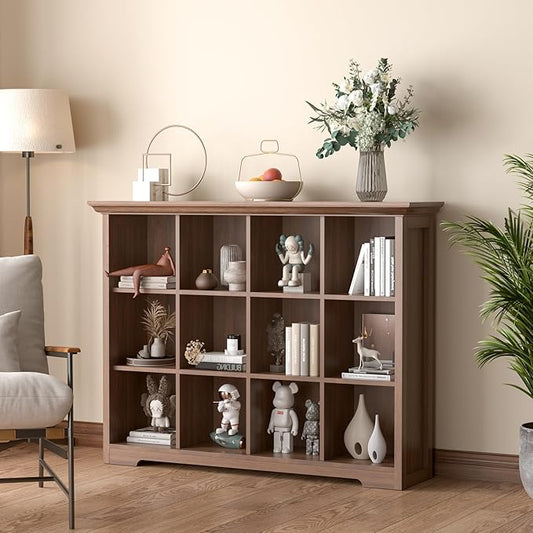 OSCHF Cube Shelf Bookcase with Base - Wooden 3 Tiers Floor Standing Low Storage Cabinet for Home and Office, 12-Cube Lattice