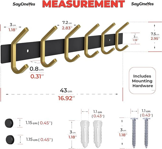 Coat Rack Wall Mount – Black and Gold Hook Rail with 6 Double Coat Hooks, 17 Inch Stainless Steel Wall Hooks for Entryway, Ba