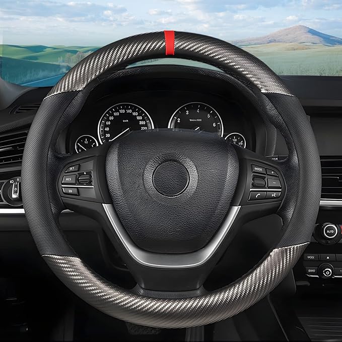 Carbon Fiber Steering Wheel Cover, Universal 15 inch Breathable Anti Slip, Fit Most Cars, Trucks, SVU (Black/Gray)