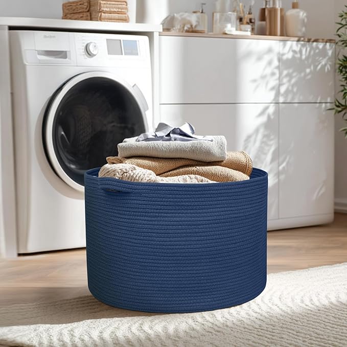 MEGASKET 115L Dark Blue Basket for Organizing, 23.6" x 15.7" XXXL Woven Cotton Rope Laundry Basket, Oversized Blanket Storage