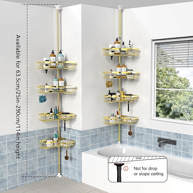KEGII Corner Gold Shower Caddy Tension Pole - 4-Tier Rustproof Shower Rod Organizer, Floor to Ceiling Tension Rod 25-114.2 in