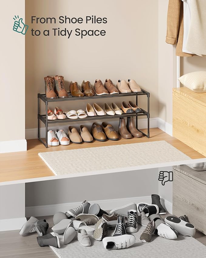 SONGMICS Shoe Rack, 2-Tier Shoe Organizer, Metal Storage Shelf, Upright or Upside Down, for 12-15 Pairs, Stackable, for Entry