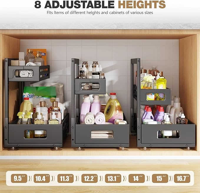 2 Pack 17IN-Depth Under Sink Organizer,Pull Out Cabinet Organizer With Smooth Cylindrical Rail,Metal Slide Out Drawer for Kit