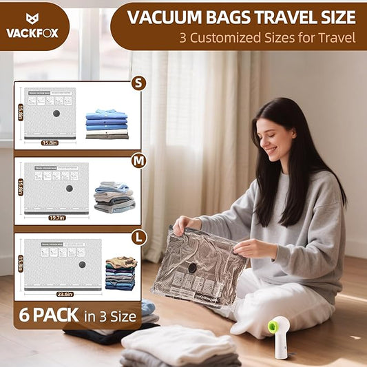 Travel Vacuum Bags with Rechargeable USB Pump, 6 Pack Carry-On Size Vacuum Travel Bags for Luggage & Suitcase, Vacuum Bags fo